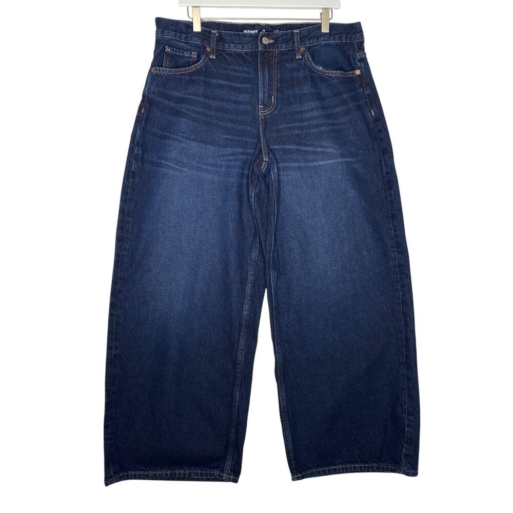 Old Navy Baggy Wide Leg Jeans Dark Wash Mid Rise Sz 14 Petite Skater Streetwear - Picture 2 of 13